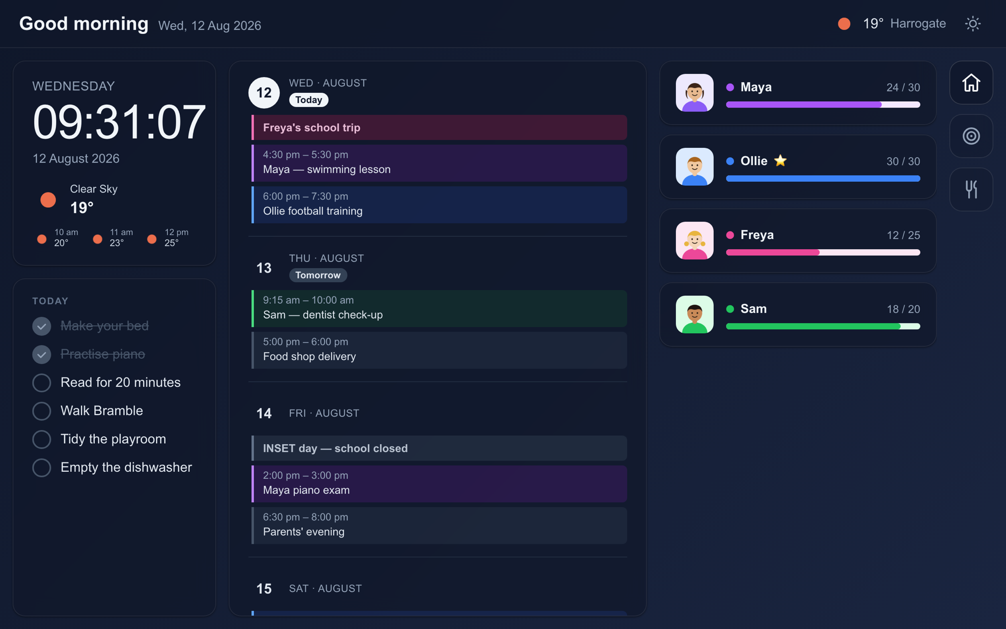 The Family Board home screen in dark mode, showing the clock, today's list, calendar and family progress