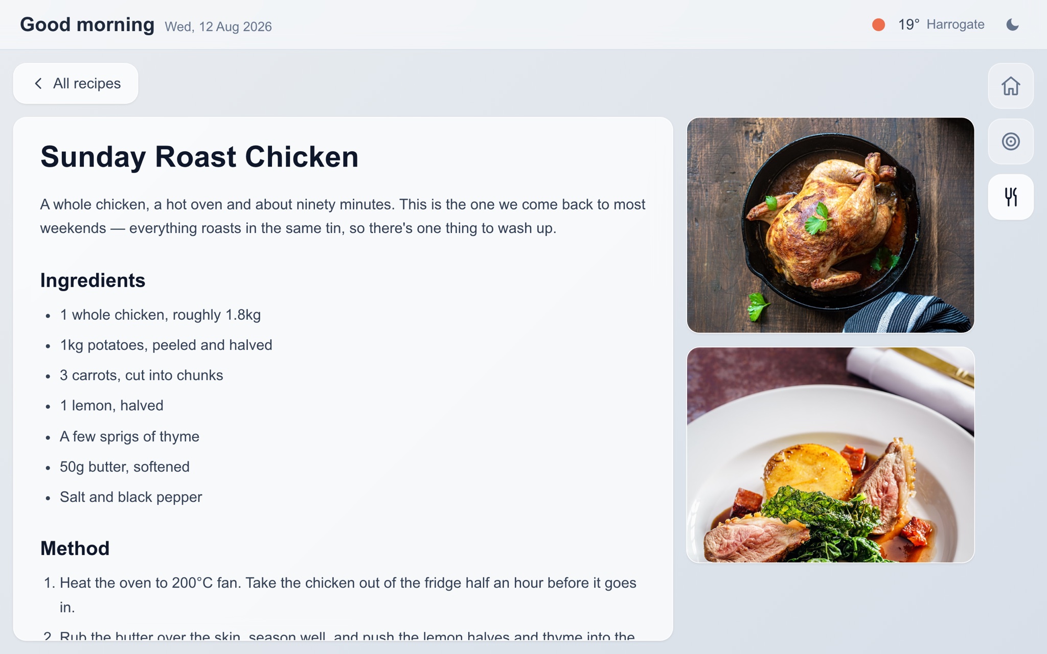 A recipe open on the kiosk showing ingredients, method and two photos of the finished dish