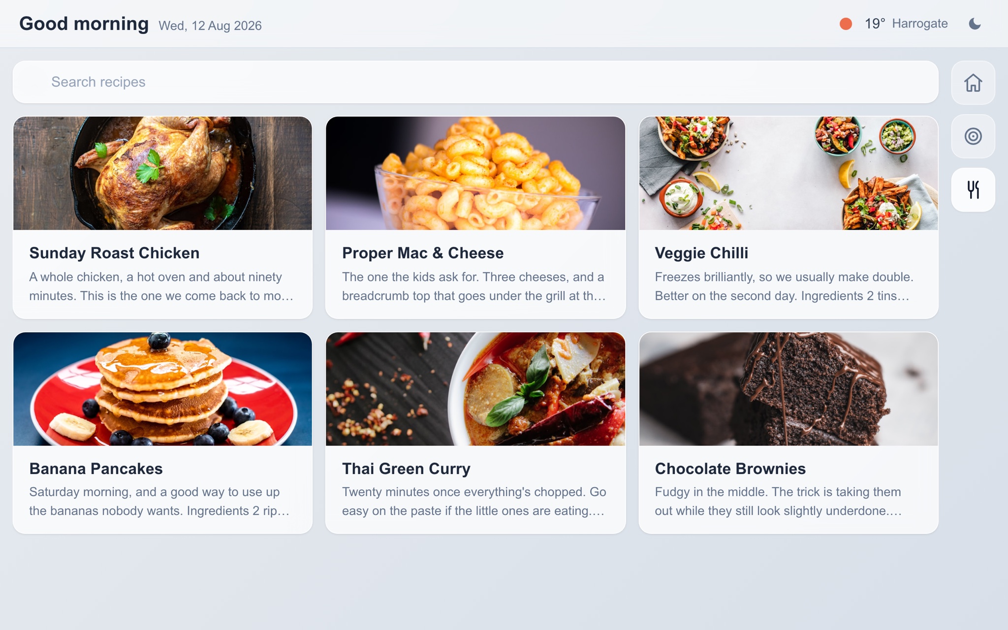 The recipe book showing six family recipes as photo cards with a search box